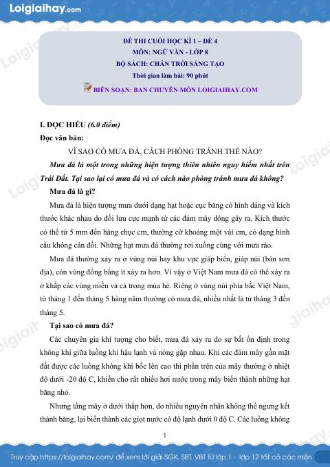 Đề thi học kì 1 Văn 8 Chân trời sáng tạo - Đề số 4